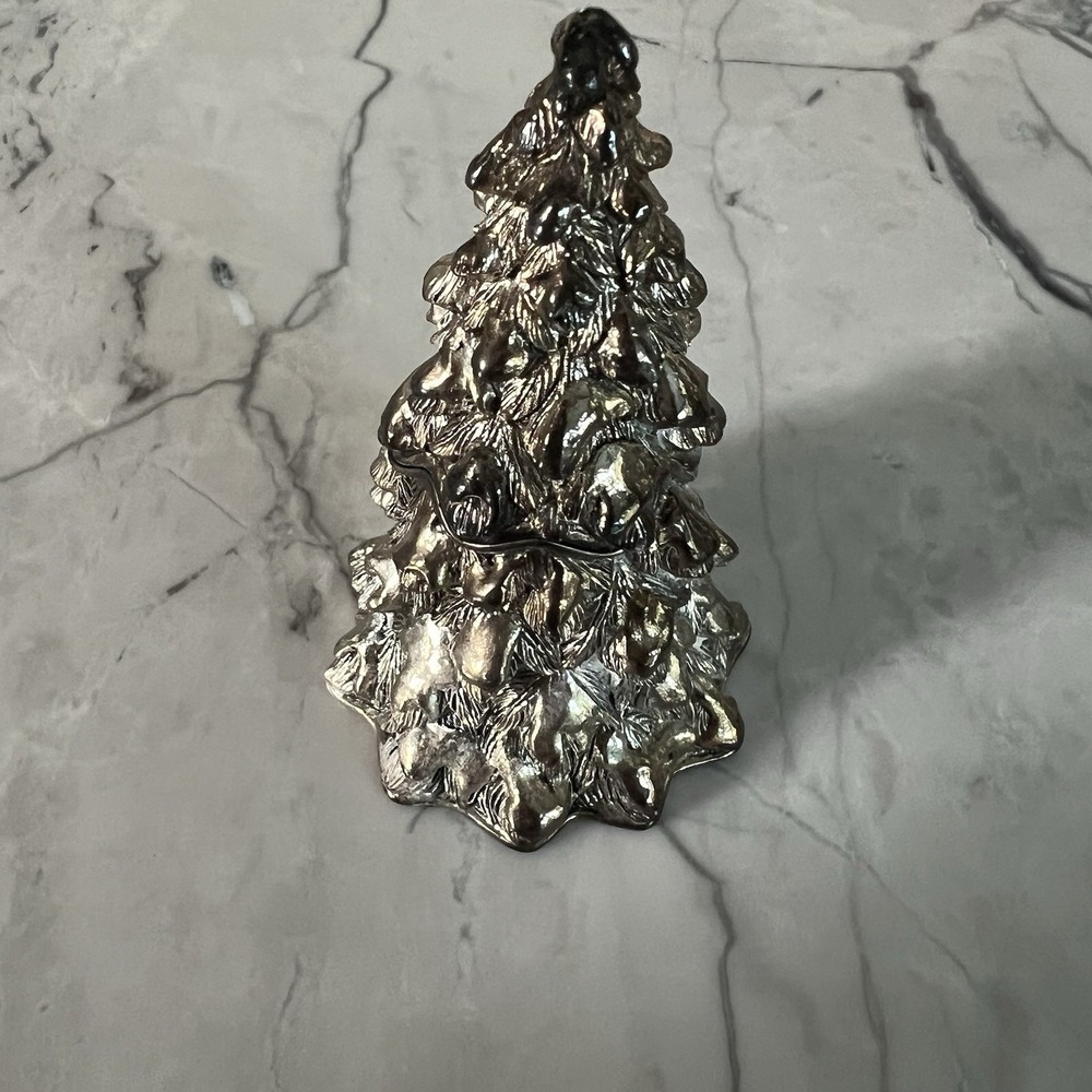 Small Silver Toned Metal Christmas Tree Design Trinket Box W/ Hinged Lid - Picture 3 of 4